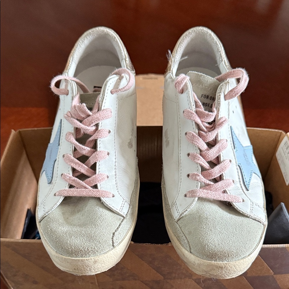 Golden Goose White Sneakers with Pink Laces and Blue Star